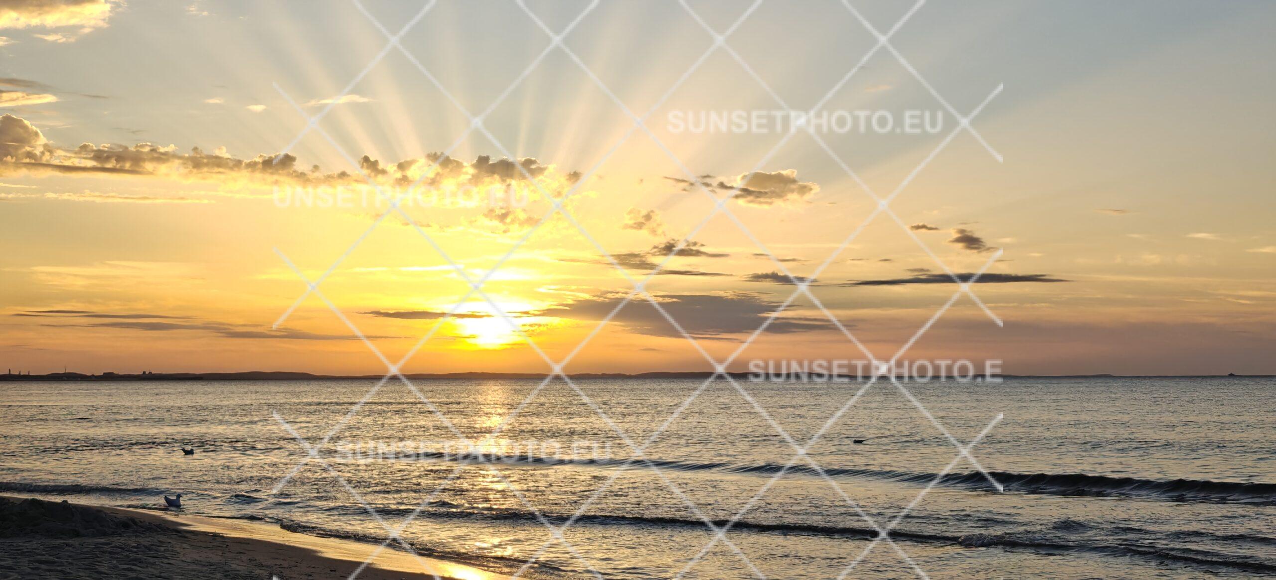 Panoramic golden sunset with sun rays over the Baltic Sea